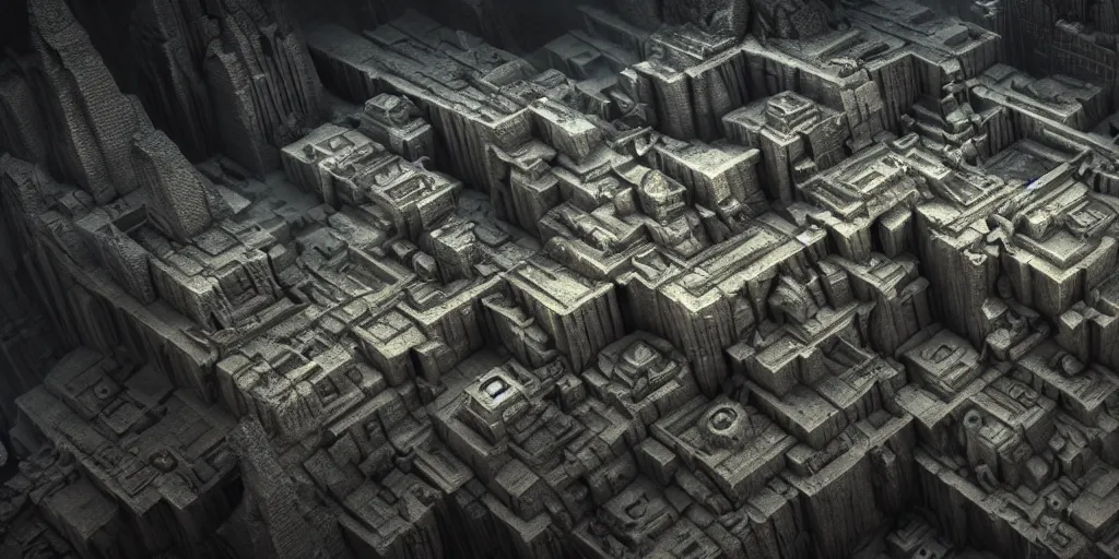 Image similar to inception lovecraft city carved from rock underground another inverted upside down above, voxel octane render 8 k, cinematic warm volumetric lighting