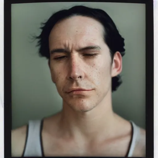 Image similar to a professional polaroid portrait photo of a beautiful man with an asymmetrical face with his eyes closed. the man has black hair, light freckled skin and a look of panic on his face. extremely high fidelity. key light. rainbow light bleed, film burn.