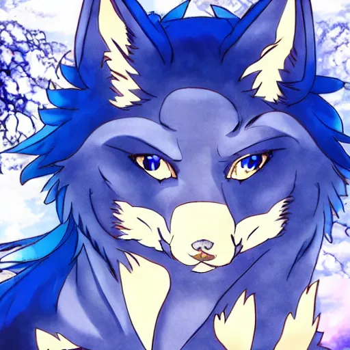 Image similar to modern anime still an anthro dark blue wolf furry fursona in a lavish outfit, handsome anime eyes, key anime visuals with anime environmental background