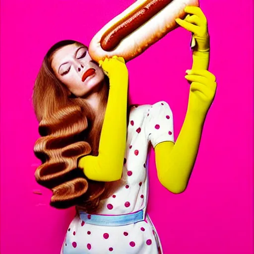 Prompt: a portrait of a beautiful fashion model that is curling her hair using hot dogs. surreal photograph, toiletpaper magazine, 3 5 mm photograph, colourful, by pierpaolo ferrari, maurizio cattelan