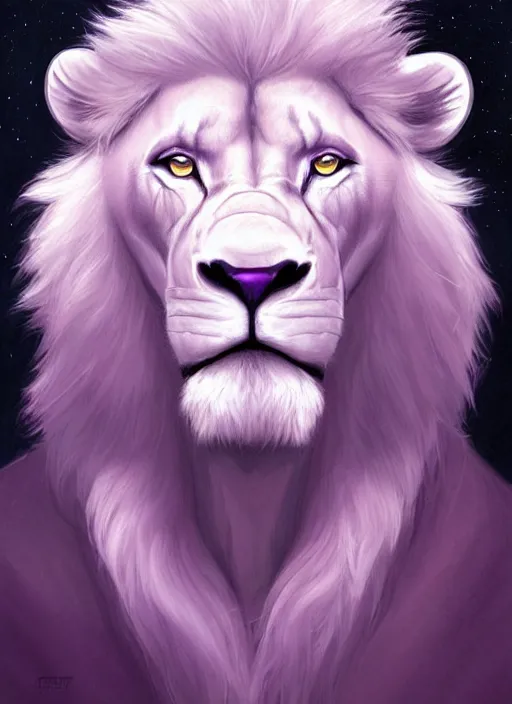 Prompt: aesthetic portrait commission of an albino male furry anthro lion with large muscles and lavender and mint colored glowing orbs of light surrounding and illuminating the lions face softly charlie bowater, detailed, inked, western comic book art, 2017 award winning painting, digital art, artstation