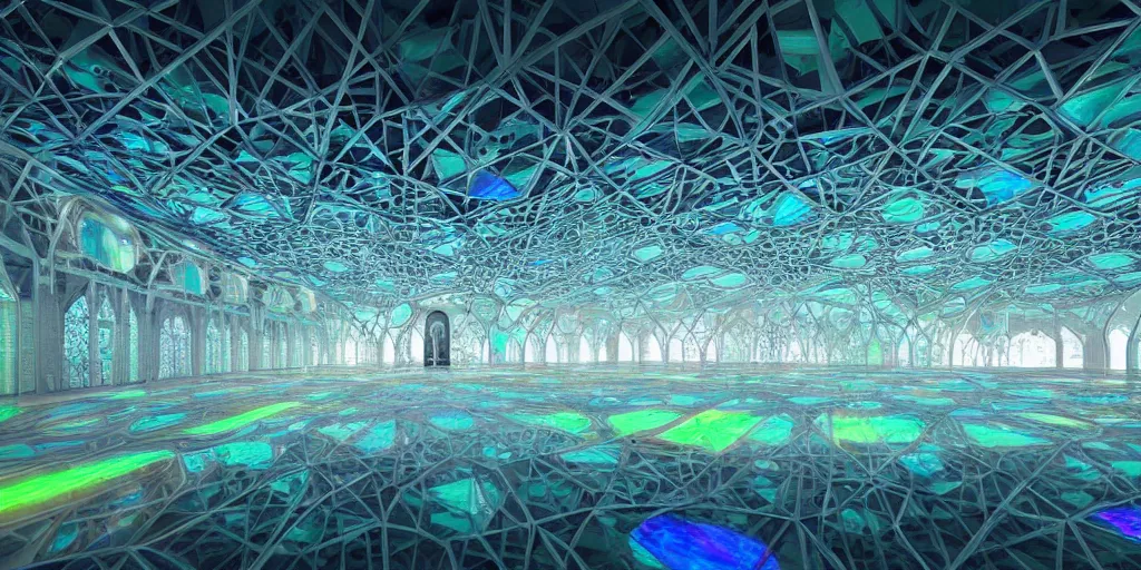 Prompt: futuristic translucent iridescent mosque hive power architecture by Buckminster Fuller and photo by denis villeneuve , inspired by Mining by Risa lin on art station