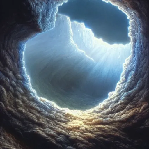 Image similar to hollow earth incredible ethereality insane hyperrealism photo - realistic lifelike photography detail incredible beautiful hollow earth scenery and landscapes, huge opening in the sky with stairs leading to it, by gustave dore and james gurney artstation 8 k