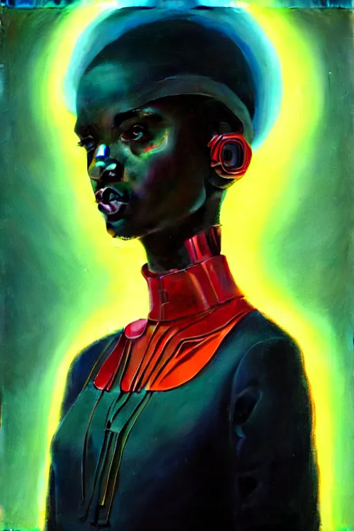 Image similar to patron saint of 🛸👩🏾, futuristic clothing, neon god of city character portrait, in the style of moebius, tom bagshaw, and waterhouse, cinematic lighting, beautiful, elegant, oil painting,