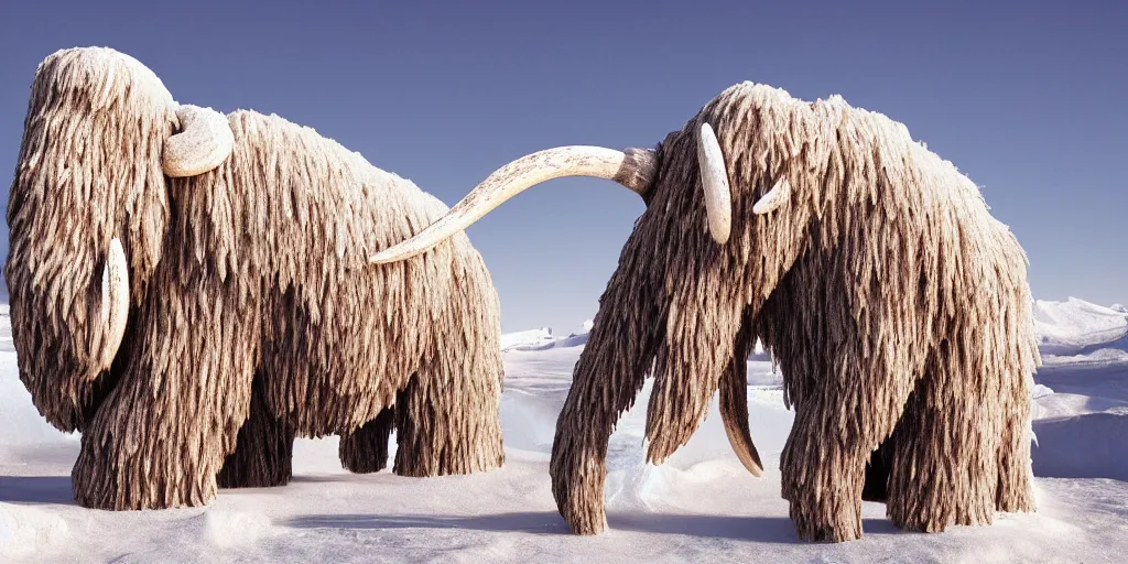 Image similar to an ice sculpture of a wooly mammoth melting in a desert, cinematic