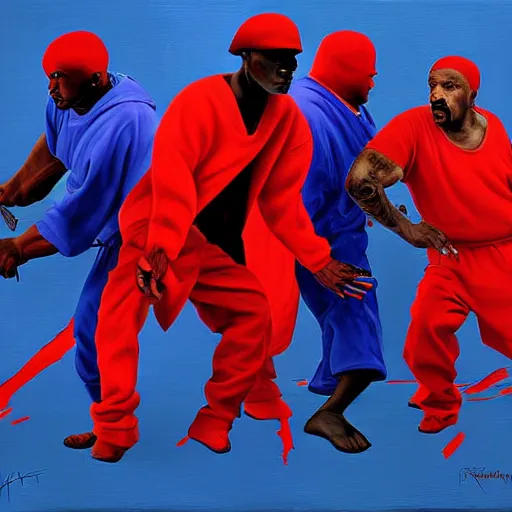 Image similar to crips vs bloods, uhd, painting, 8 k by emanuele dascanio and robin eley