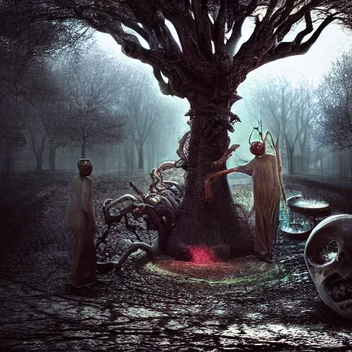 Prompt: a splornfeld enborkenmeyer forkeling the gnorkgnork under a fumfum tree | hannes bok and hp lovecraft with joan semmel and hr giger pastel high contrast cinematic light, mystical shadows, sharp focus, divine realm of gods, octane render