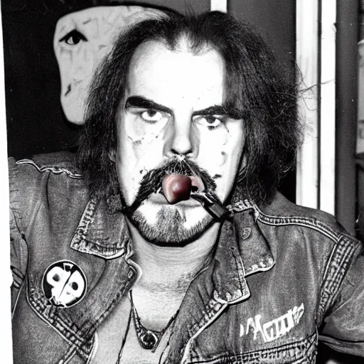 Image similar to gg allin wearing a denim vest, cartoon smoking