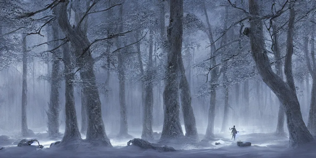 Prompt: hyperrealistic concept art of a silhouette of a hero facing a evil giant in lit winter taiga at night, stunning massive ornately 3d render inspired art by Renato muccillo and Andreas Rocha and Johanna Rupprecht + symmetry + natural volumetric lighting, 8k octane beautifully detailed render, post-processing, highly detailed, intricate complexity, epic composition, magical atmosphere, cinematic lighting + masterpiece, trending on artstation