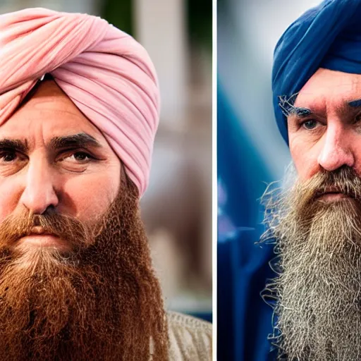 Image similar to a portrait of donald trump wearing a long beard and a turban joining the taliban, fine details, close up, 8 k photography, depth of field, bokeh. i