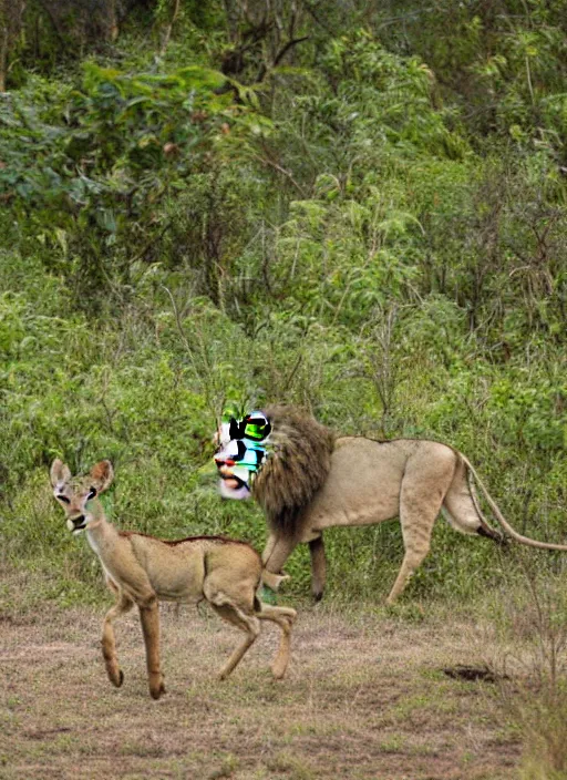 Prompt: lion following a deer in the jungle