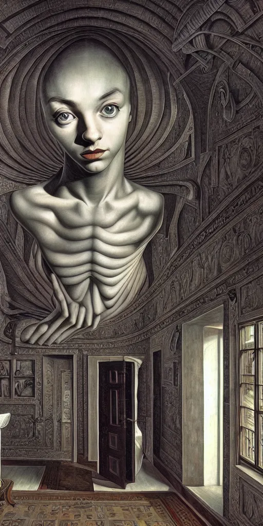 Image similar to hyperrealism wallpaper in style of rob gonsalves, giger, caravaggio