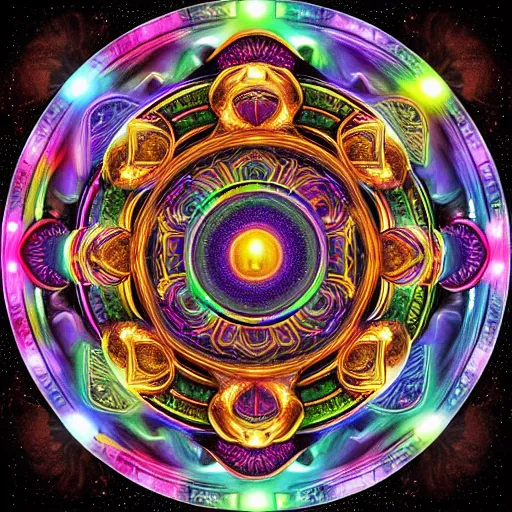 Image similar to rainbowcore, yinyang sign glowing, surrounded by lotus, with the sun shining with the moon, with detailed mandala filled with fractals, de-noise, symmetrical composition, high detailed, super clear, ornate border, 32k immaculate scale, hyper-realistic, Unreal Engine, Octane Render, digital art, trending on Artstation, atmospheric, immaculate