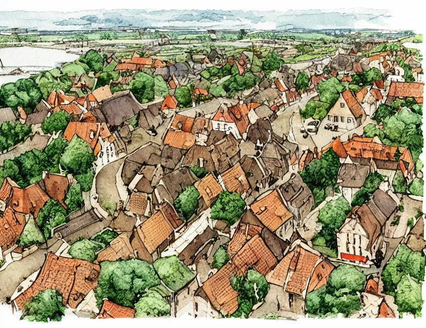 Image similar to a typical dutch village, isometric aerial view, whimsical watercolor illustration by anton pieck, very detailed, high resolution, ambient lighting