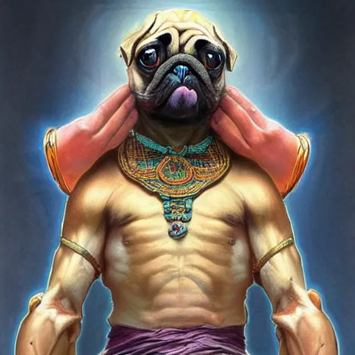 Image similar to a pug as dhalsim from street fighter, 4 k, ultra realistic, detailed focused art by artgerm and greg rutkowski and alphonse mucha