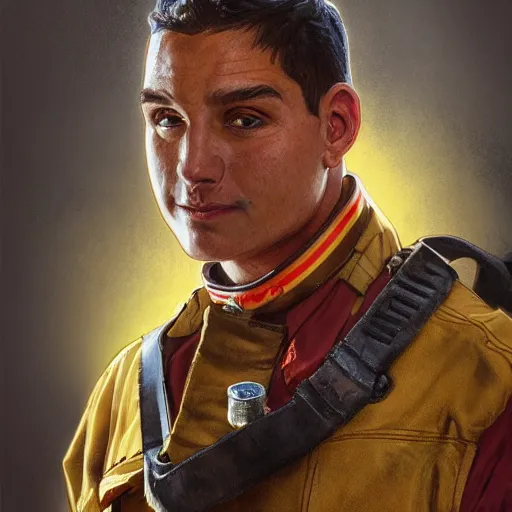 Image similar to portrait of a male firefighter wearing a firefighter suit, bruised, covered in dirt, confident and proud, intricate, headshot, highly detailed, digital painting, artstation, concept art, sharp focus, cinematic lighting, illustration, art by artgerm and greg rutkowski, alphonse mucha, cgsociety