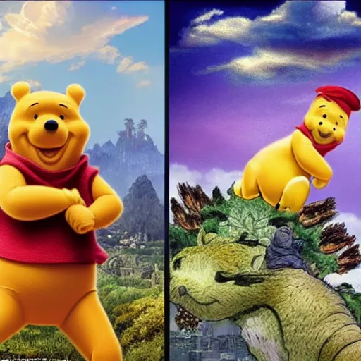 Image similar to winnie the pooh as godzilla versus xi jinping, cinematic composition, epic dramatic lighting, realistic, hyperdetailed, photorealistic, photograph, epic scale