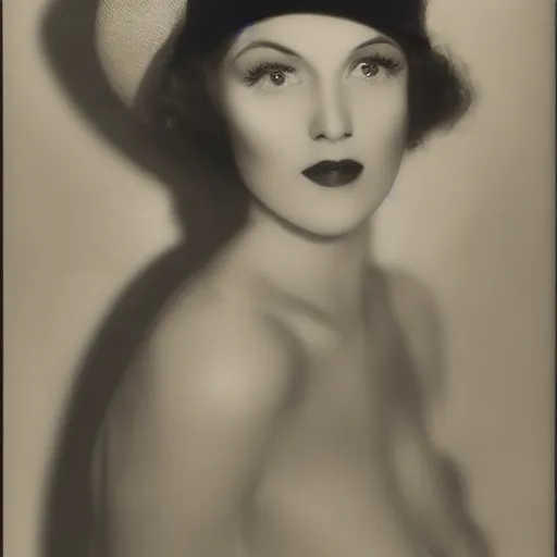 Image similar to a black and white photo of a woman wearing a hat, a character portrait by george hurrell, featured on flickr, mannerism, studio portrait, chiaroscuro, 1 9 2 0 s