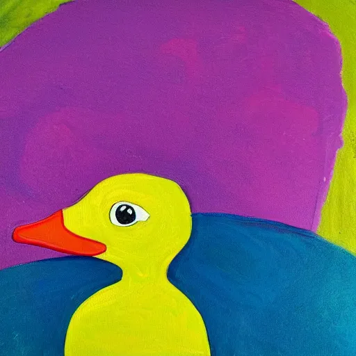 Prompt: the painting is a yellow duck with a pink beak and a blue head.