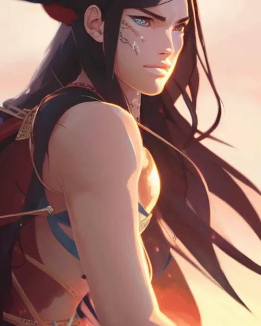 Image similar to azctec warrior, megan fox, detailed perfect face, exquisite details, fire magic, mid view, design on a white background, by studio muti, greg rutkowski makoto shinkai takashi takeuchi studio ghibli