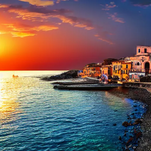 Image similar to sunset in a coastal town in italy, photorealistic, dynamic light, ultra detailed, cinematic