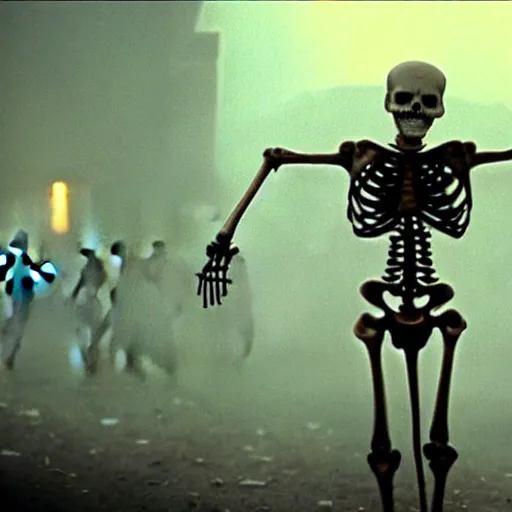 Image similar to a skeleton walking in a cemetery. still from blade runner.