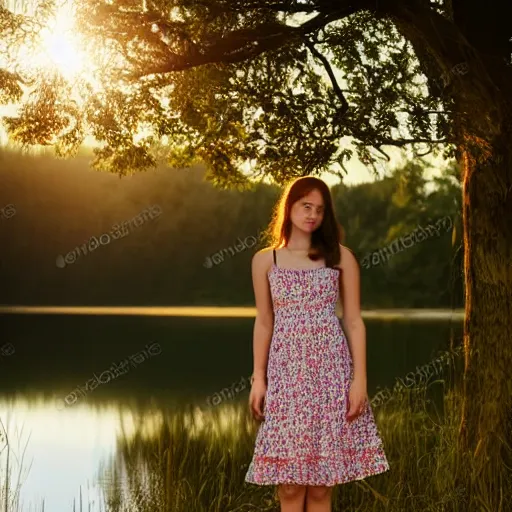 Prompt: a beautiful young woman in a sundress standing by a lake at sunset | soft atmospheric lighting