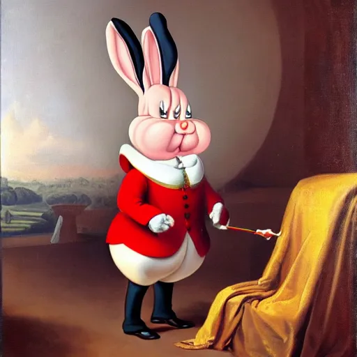 Prompt: a portrait of fat bugs bunny wearing napoleon clothes, oil painting