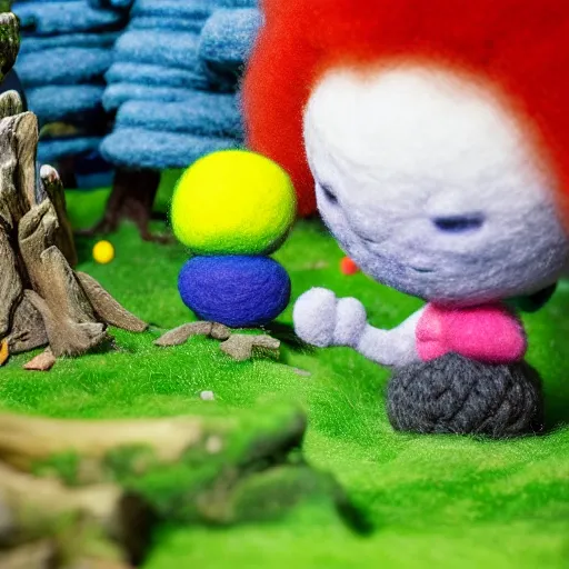 Prompt: a wide angle portrait of a black boy with a colorful afro near a cozy cabin in the forest, by goro fujita, mark ryden and lisa frank, felt texture, volumetric wool felting, radiant light, amigurumi, macro photography, miniature world, depth of field, breathtaking landscape, detailed environment