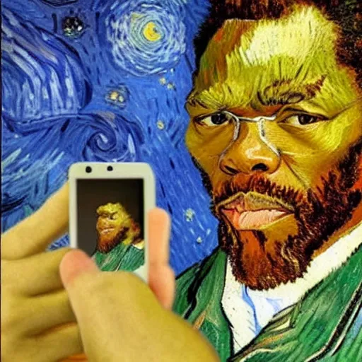 Image similar to a van gogh painting of a selfie taken by Samuel L Jackson