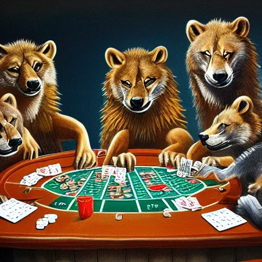 Prompt: a gang of lions, wolves and raccoons playing poker at night