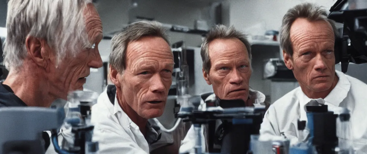 Image similar to filmic extreme close up shot movie still 4 k uhd interior 3 5 mm film color photograph of two scientists lance henriksen and bill paxton arguing and yelling in a lab in antartica