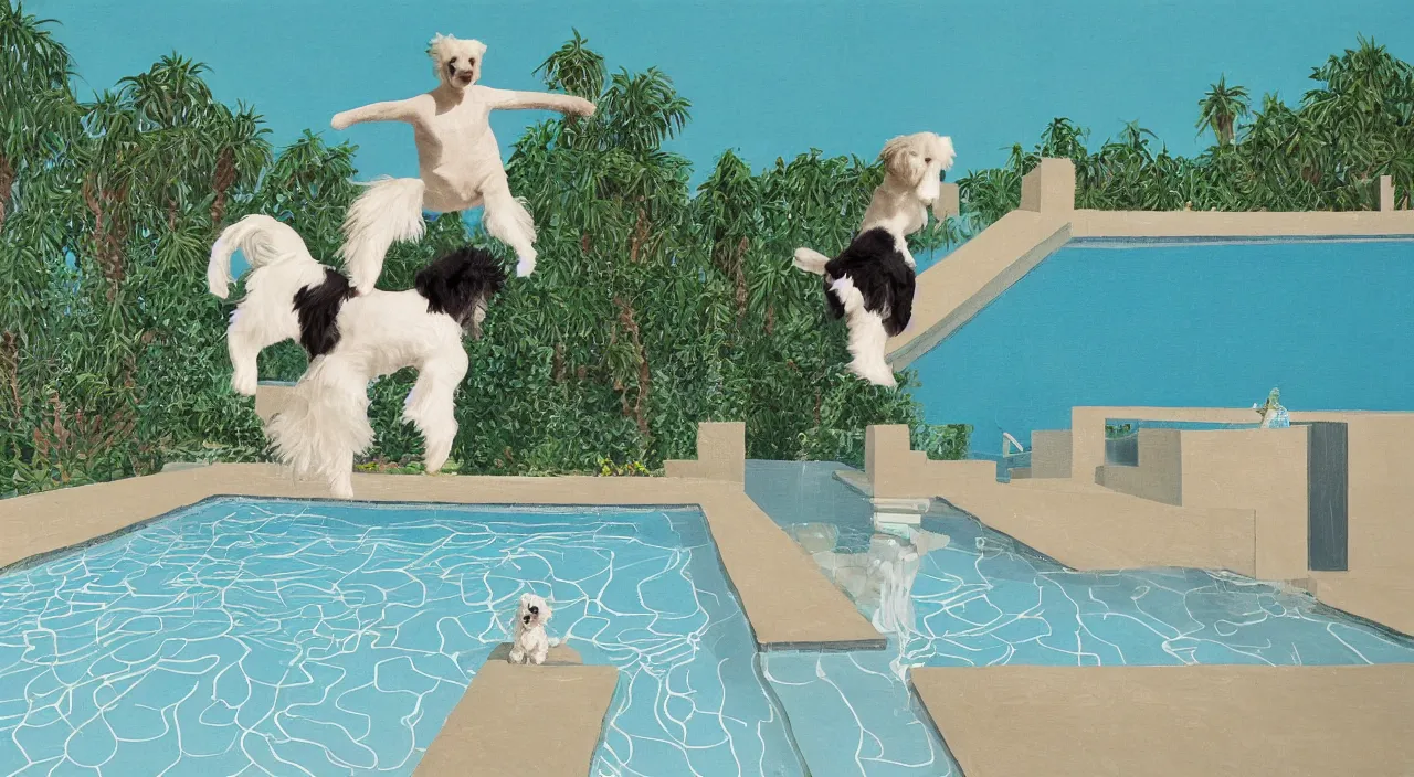 Image similar to medium shot of one cream colored havanese dog jumping off a diving board into a pool at a mid century modern house in palm springs by david hockney