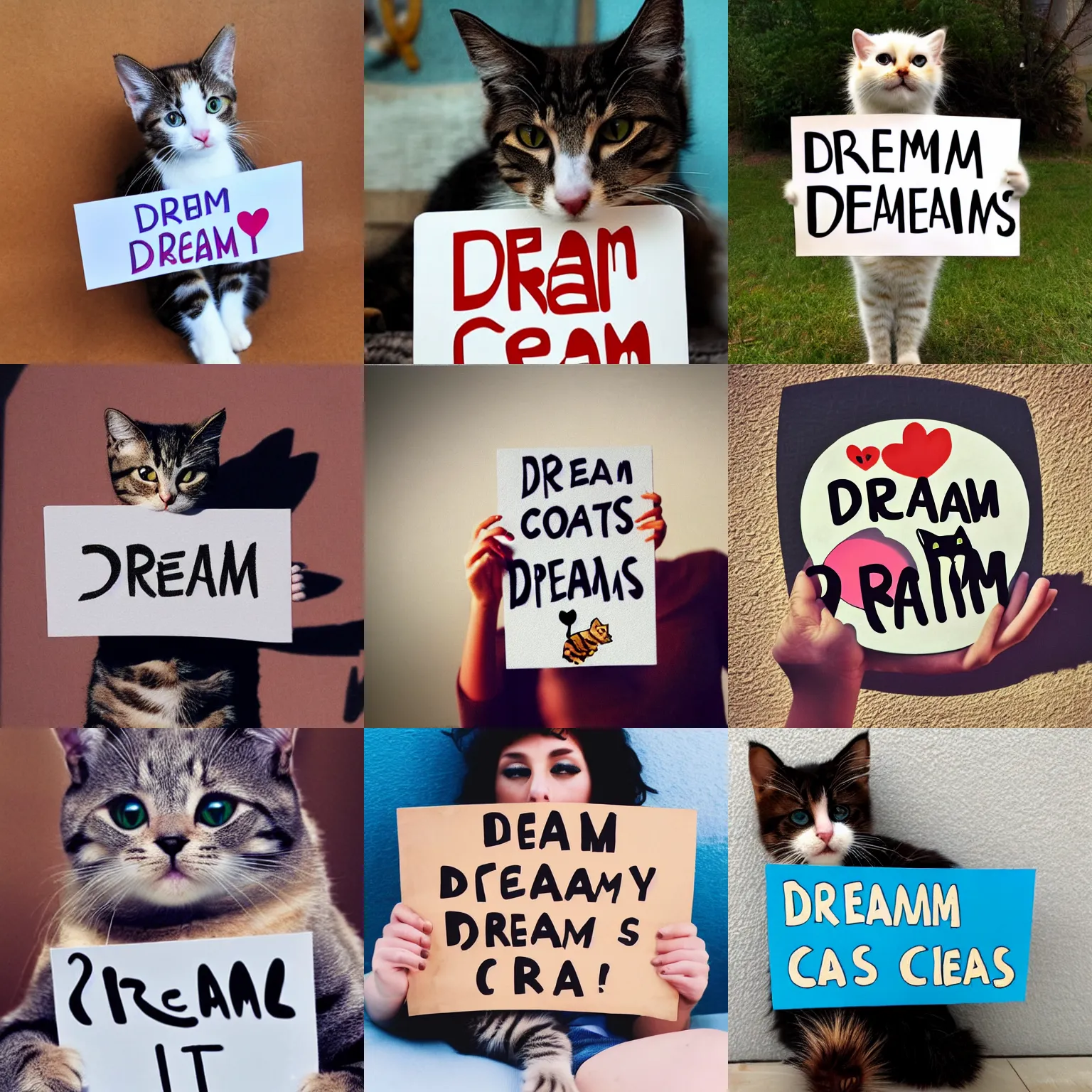 Image similar to realistic high quality photo of a cute cat holding a sign with text that reads : dream cats