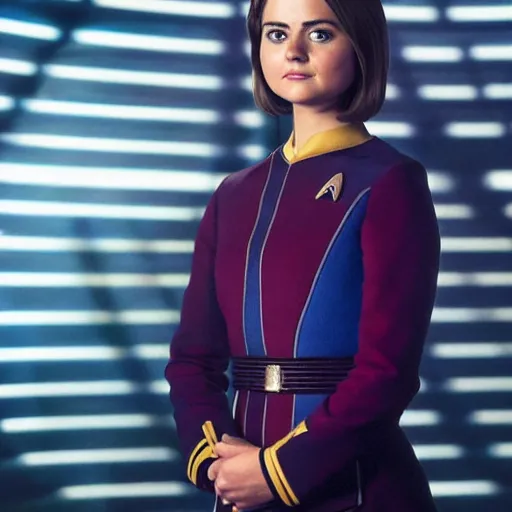 Image similar to a beautiful full body photograph of younger jenna coleman as a star fleet science officer from star trek next generation, full dress uniform, symmetrical face, extreme realism and detail, 8 k, completely framed, direct lighting, 3 5 mm photo, photorealistic, sharp focus