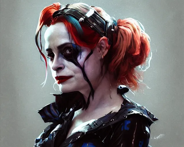 Prompt: highly detailed portrait of helena bonham carter as harley quinn, in batman : arkham knight, stephen bliss, unreal engine, fantasy art by greg rutkowski, loish, rhads, ferdinand knab, makoto shinkai and lois van baarle, ilya kuvshinov, rossdraws, tom bagshaw, global illumination, radiant light, detailed and intricate environment