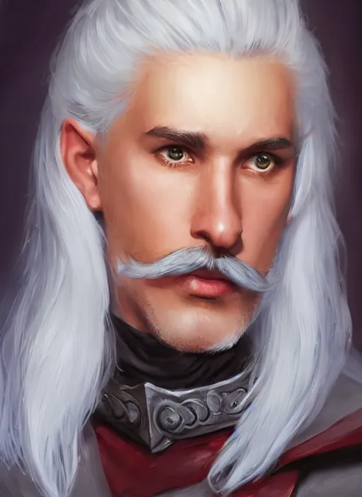 Image similar to tristan fulcher livedoce young man with short white fringe white hair and moustache, dndbeyond, bright, colourful, realistic, dnd character portrait, full body, pathfinder, pinterest, art by ralph horsley, dnd, rpg, lotr game design fanart by concept art, behance hd, artstation, deviantart, hdr render in unreal engine 5