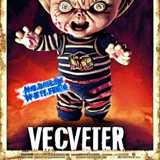 Prompt: Chucky versus Puppet Master Demonic Toys movie poster