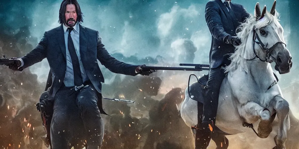 Image similar to Keanu Reaves riding a unicorn, a still over the shoulder from behind shot from John Wick 2, shooting a gun at a man dressed in a Mario Luigi costume, epic fantasy style, digital art