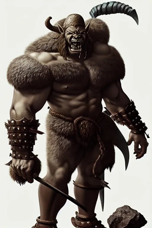 Image similar to orc barbarian wearing leather armor, full body shot, exquisite details, earth magic, mid view, design on a white background, by karl kopinski, james gurney, rockwell, studio muti, greg rutkowski, makoto shinkai, takashi takeuchi, studio ghibli