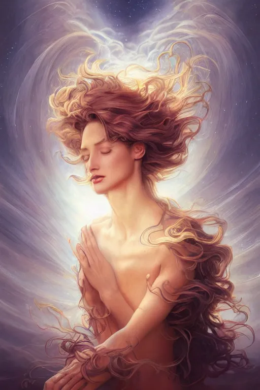 Image similar to wind blowing hair!!! meditation! a celestial psychedelic being, dreaming of the void, bust portrait, dnd, fantasy, intricate, elegant, highly detailed, digital painting, artstation, concept art, smooth, sharp focus, illustration, art by artgerm and tom bagshaw and greg rutkowski and alphonse mucha