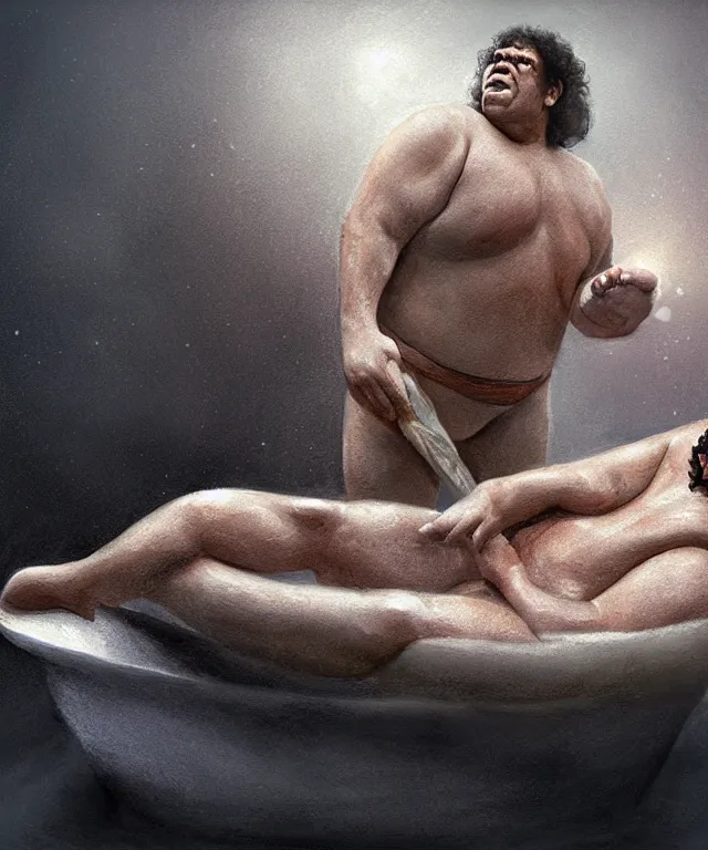 Prompt: andre the giant, cinematic, in a bathtub, holding a footlong sub sandwich, elegant, highly detailed, digital painting, artstation, smooth, hard focus, illustration, art by jessica rossier and and brian froud