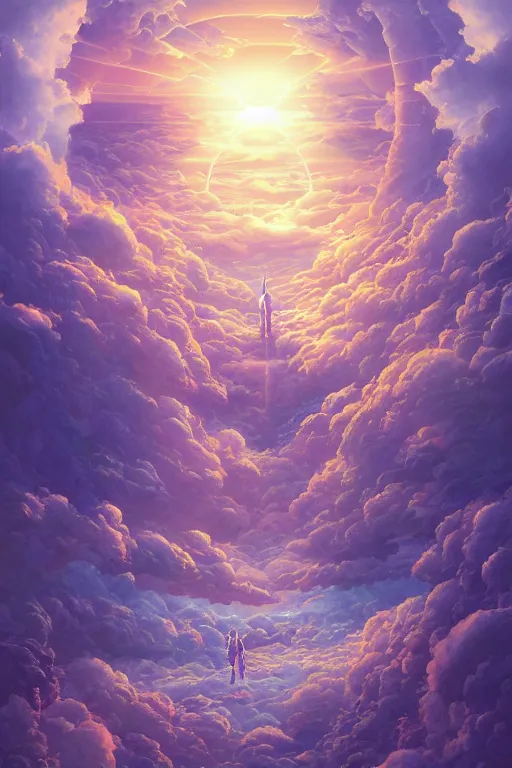 Image similar to the portal to heaven by hiroshi yoshida and moebius and loish and artgerm, painterly, symmetrical, ultra detailed, hyper realistic, illustration, sunset lighting