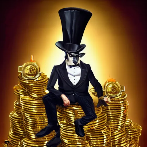 Prompt: anthropomorphized rich penguin capitalist sitting on pile of gold, wearing fancy top hat, concept art, insanely detailed and intricate, hypermaximalist, elegant, ornate, hyper realistic, super detailed, art deco, cinematic, trending on artstation, magic the gathering artwork