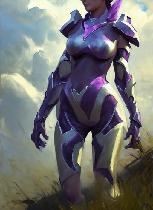 Image similar to Greg Manchess painting of Syndra from League of Legends wearing Forerunner Armor from Halo, countryside, calm, fantasy character portrait, dynamic pose, above view, sunny day, thunder clouds in the sky, artwork by Jeremy Lipkin and Giuseppe Dangelico Pino and Michael Garmash and Rob Rey, very coherent asymmetrical artwork, sharp edges, perfect face, simple form, 100mm