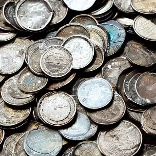 Image similar to a pile of coins on the bottom of the ocean, 50mm