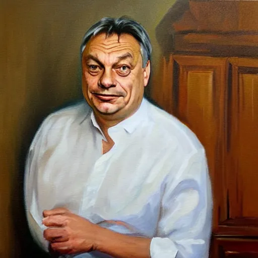 Prompt: viktor orban in his kitchen, oil painting