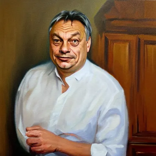 Image similar to viktor orban in his kitchen, oil painting