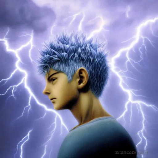 Prompt: killua zoldyck made by zdzisław beksinski, thunderstorm, lighting, blue, pose, 8 k, detailed, high quality, detailed face, 8 k, beautifl scene