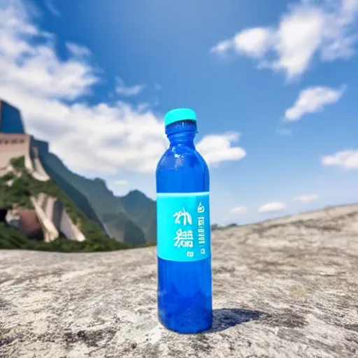 Prompt: symmetrical photo of small white plastic bottle standing in front of great china wall, products shot